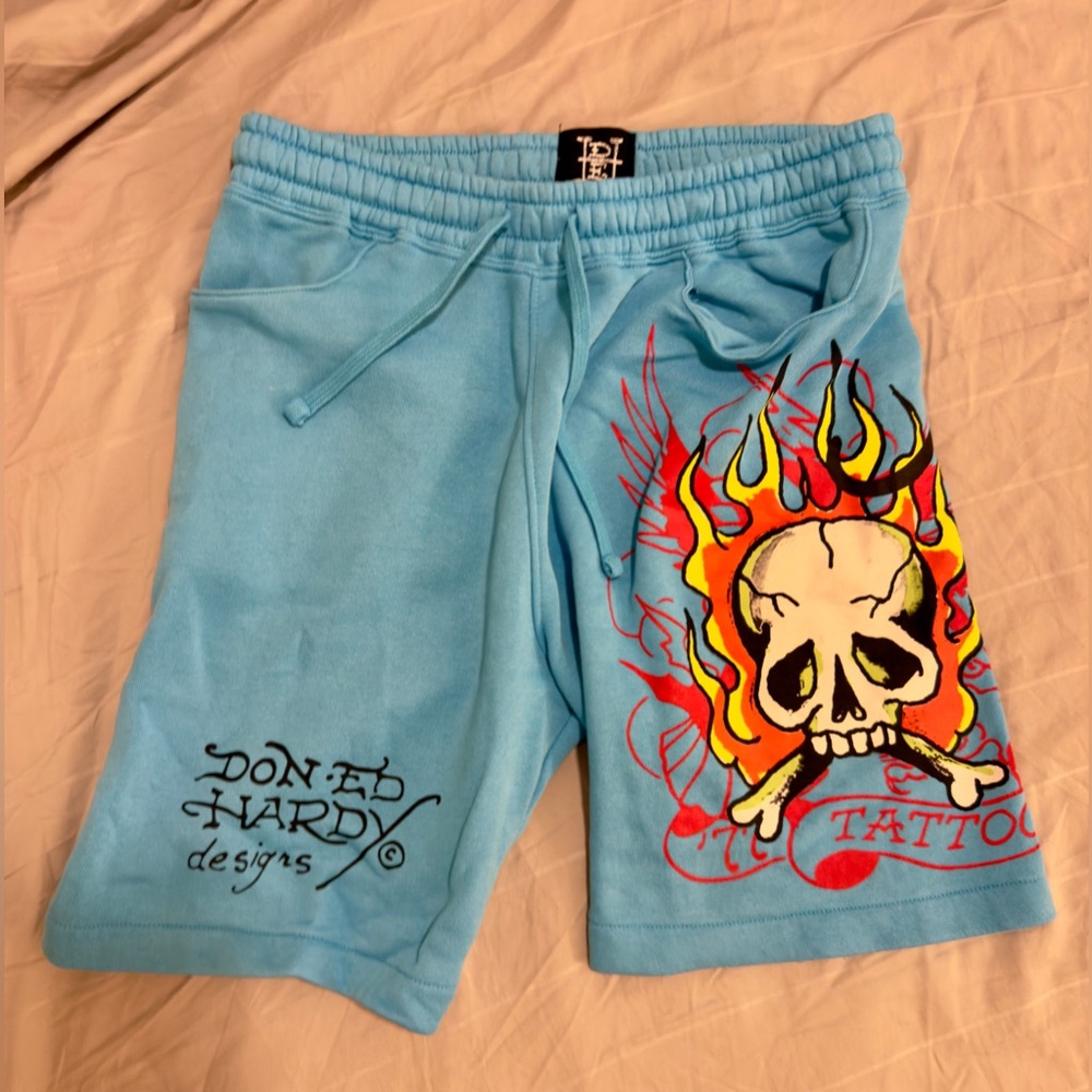 Ed Hardy • Light Blue Flaming Skull Tattoo Fleece Shorts • Size S